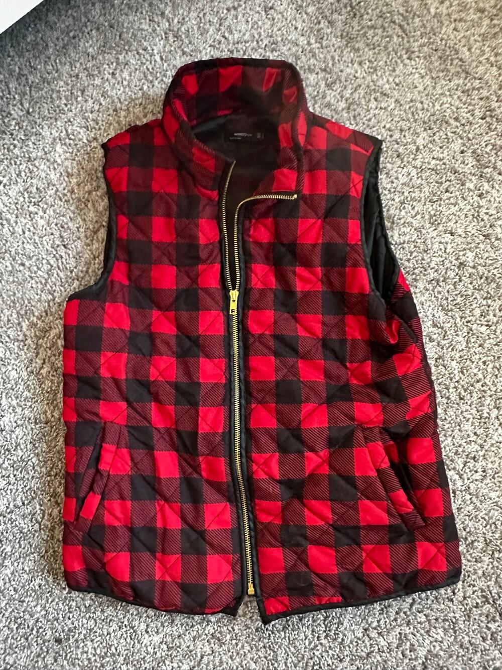 Mango Womens Size S Red Black Buffalo Check Plaid Quilted Zip Vest